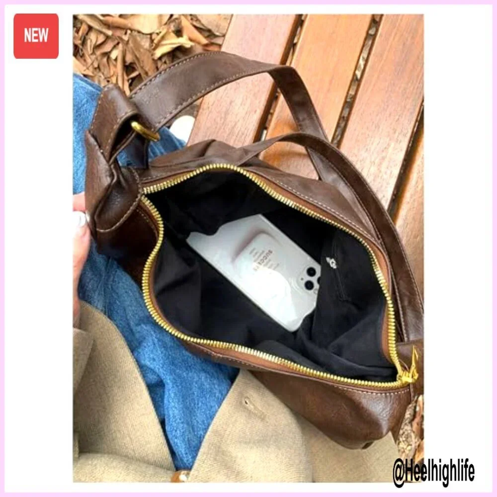 Soft PU Leather Crossbody Hobo Bag with Zipper Closure Vintage Style